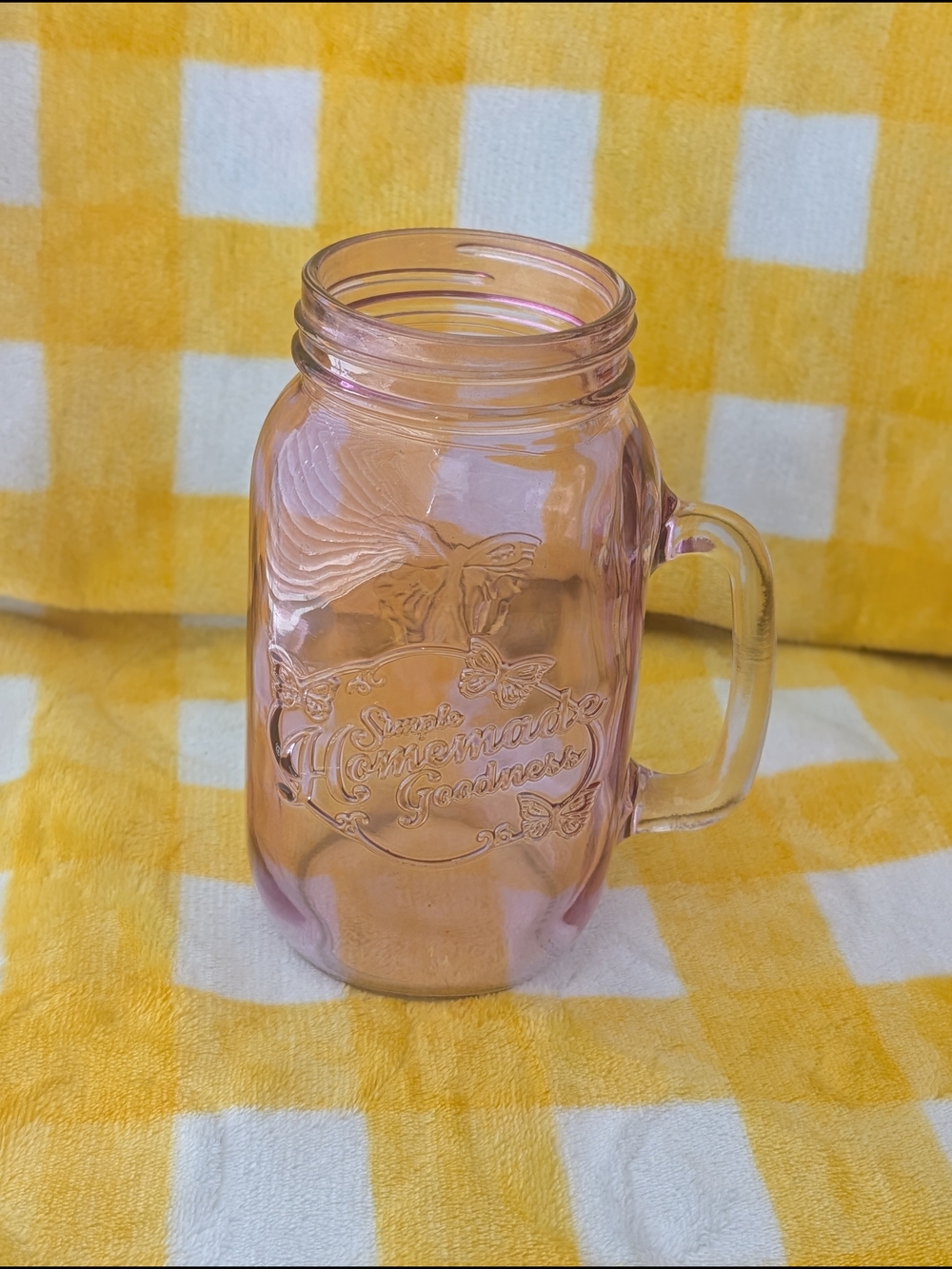 The Pioneer Woman Pink Glass Mason Jar Mug with Handle and Embossed Design